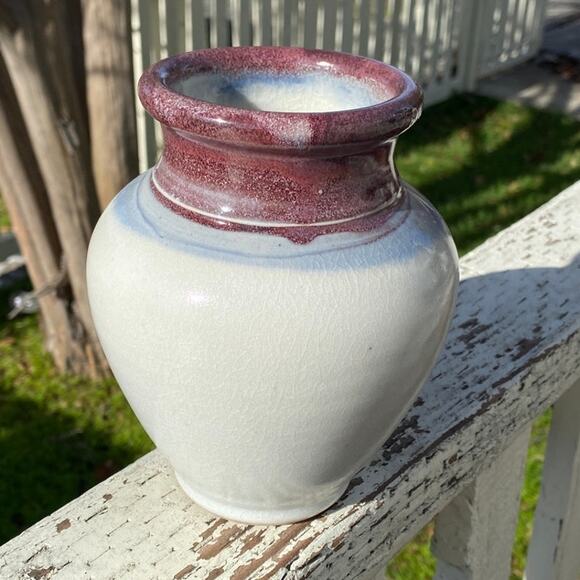 Porcelain Vase Signed Marked KJ Pottery Purple/Red Blue Cream Crazing Vintage - Picture 11 of 13